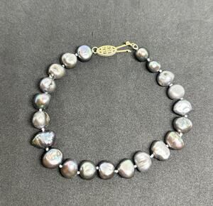 Vintage 14k Gold JCM Grey Fresh Water Baroque Pearl Knotted Bracelet 7”